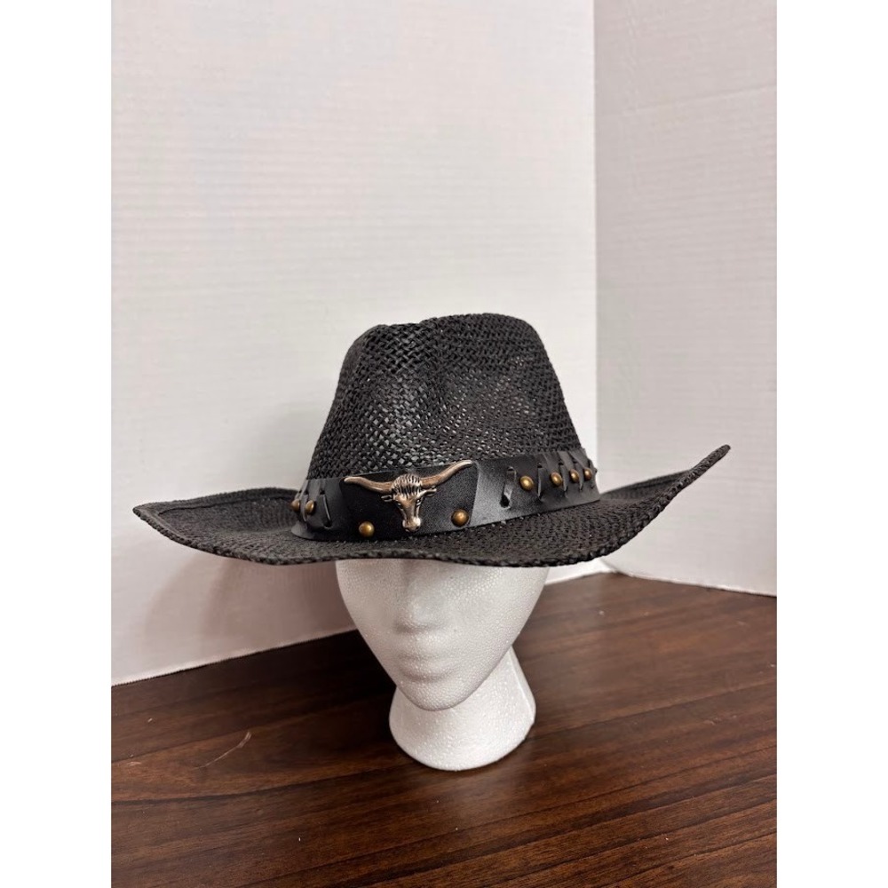 Andorra Black Woven Cowboy Hat Longhorn Concho Studded Band Western Unisex